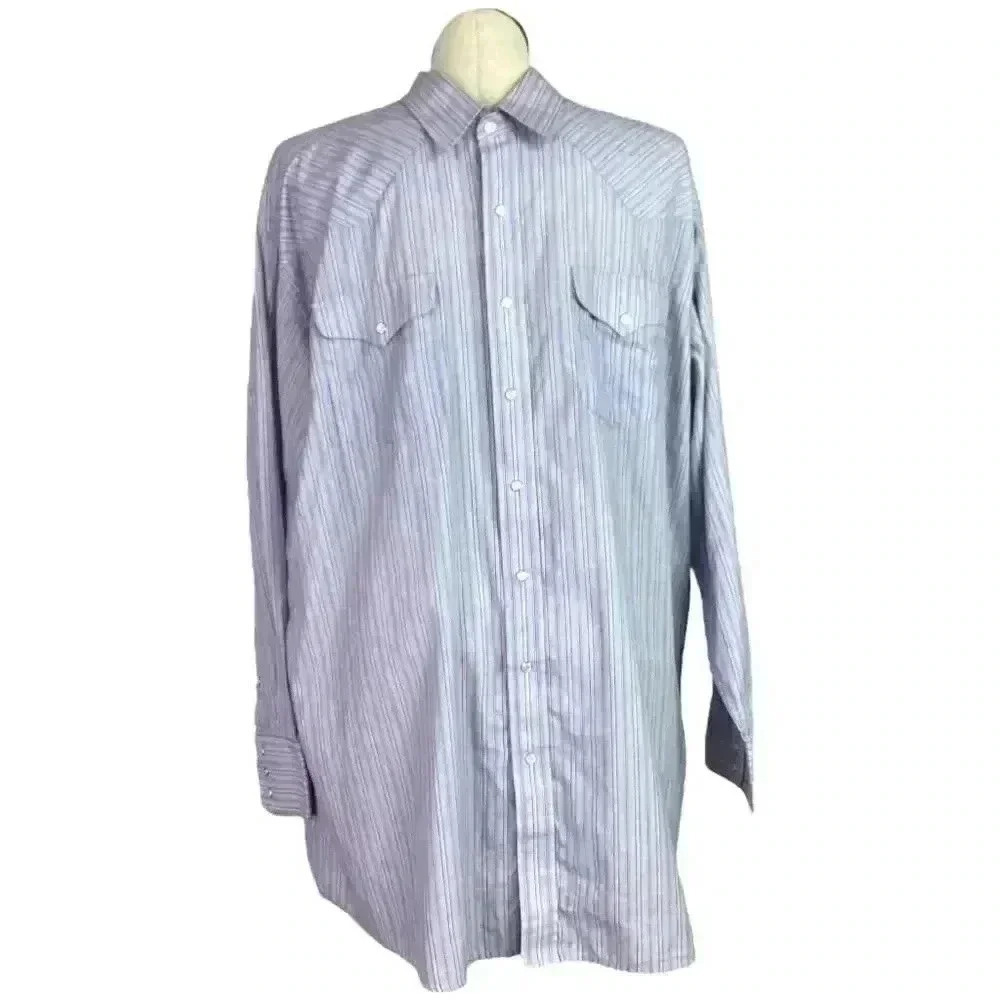 Panhandle Slim Men 18.5 36 Striped Pearl Snap Western Shirt Blue Long Sleeve